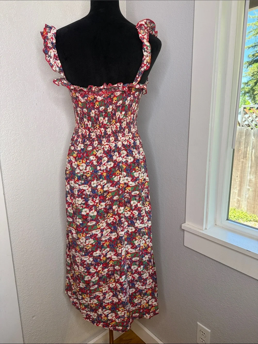Natural Life Floral Smocked Dress Ruffle Straps Red Rayon Size Med Cottagecore - Picture 2 of 5